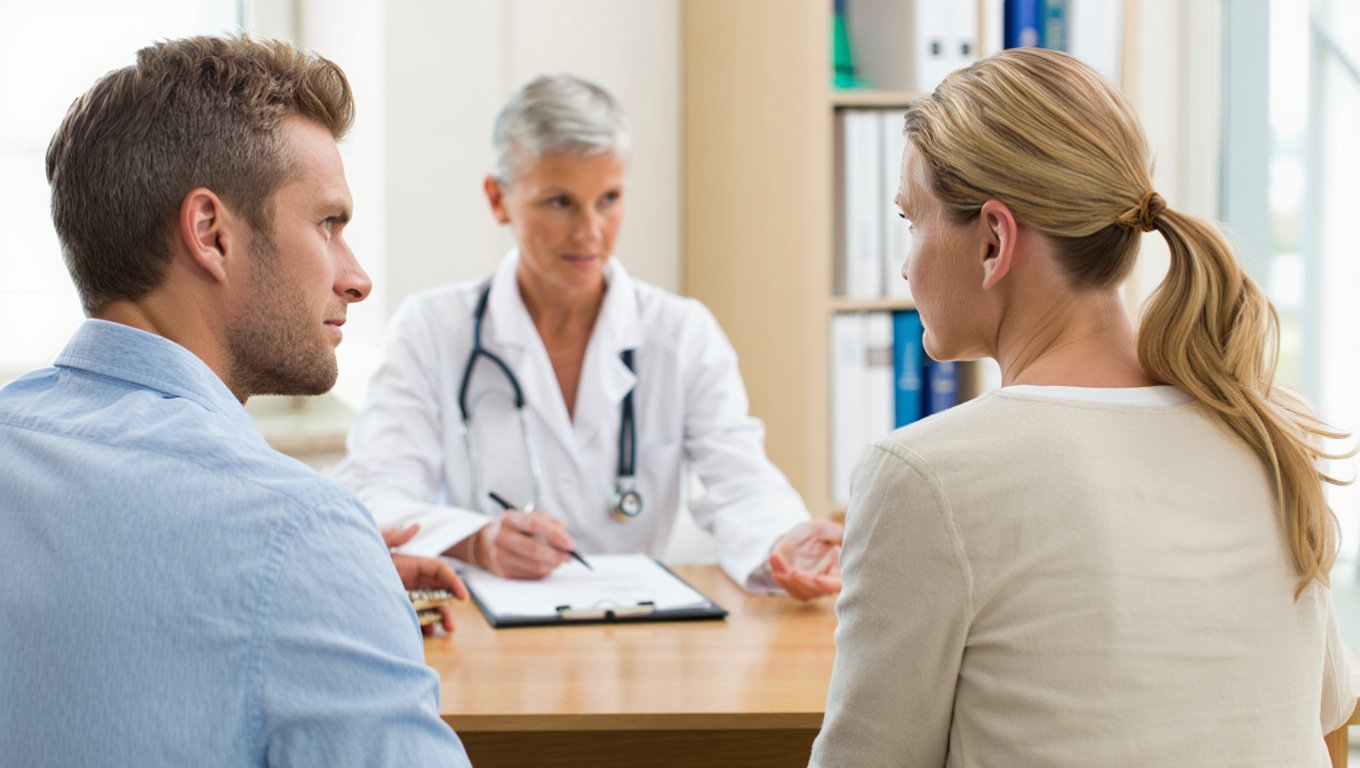 Семейная консультация Врач обсуждает с парой план лечения в светлом кабинете